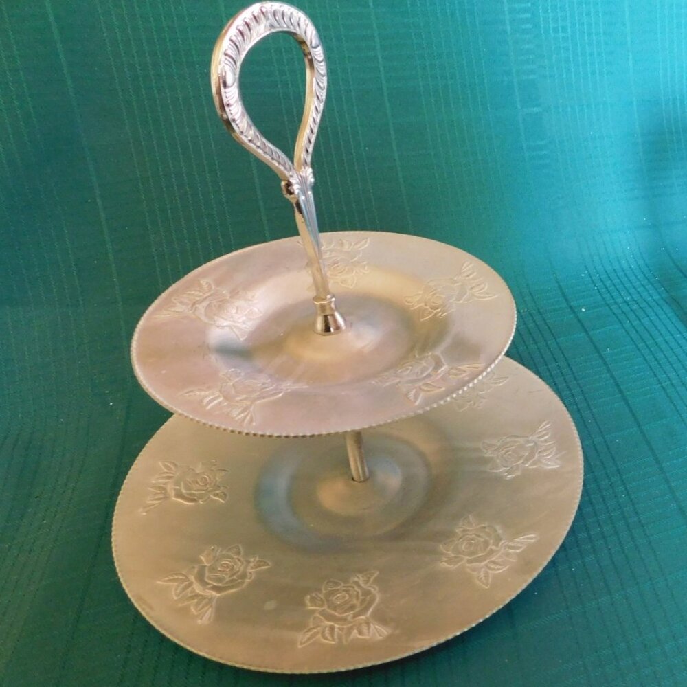 Vintage aluminum 2 tier cake stand round Rose pattern VGU